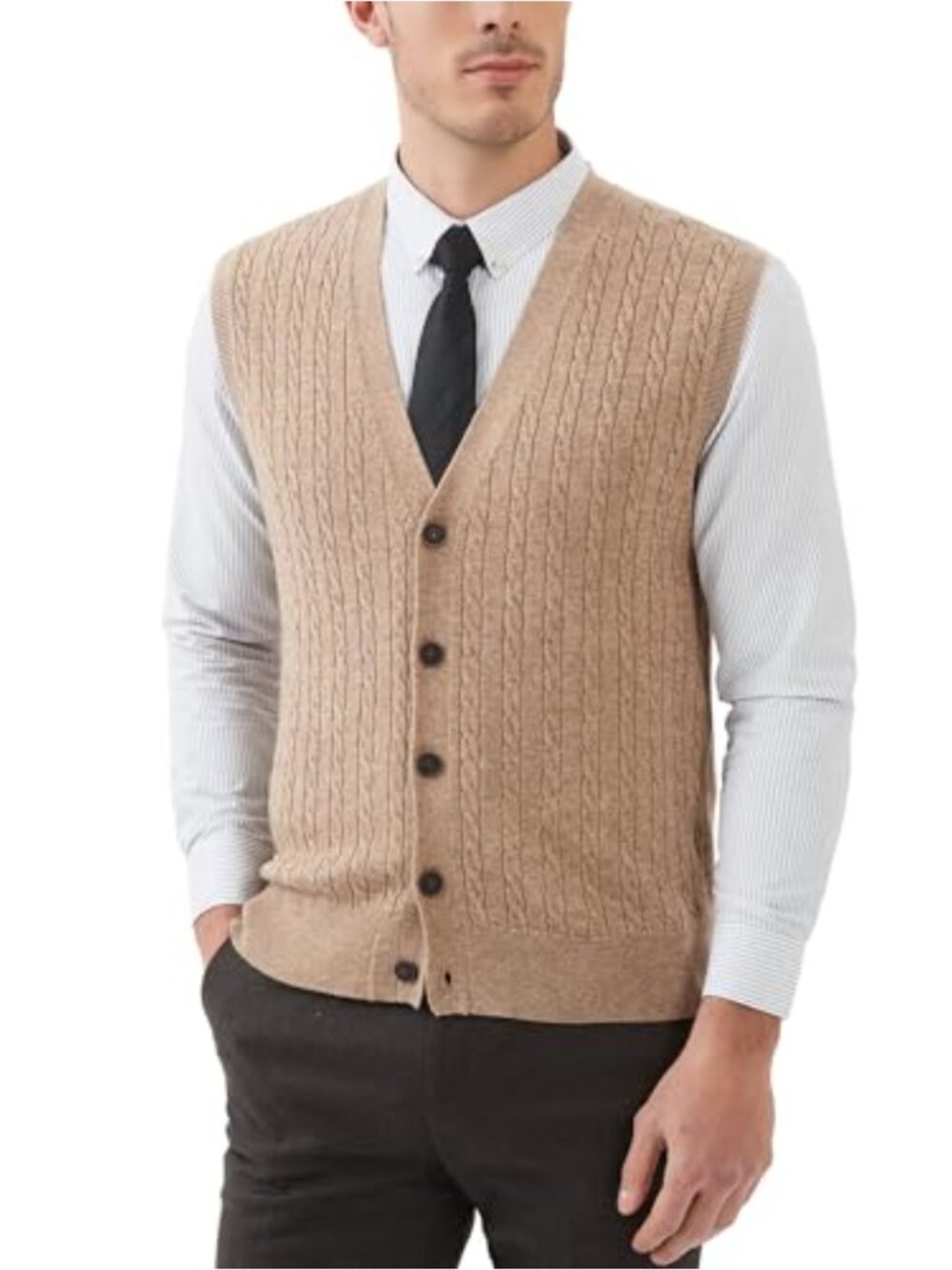 Men's Wool Blend Cable Knit Button Front Sleeveless Cardigan Vest V-Neck